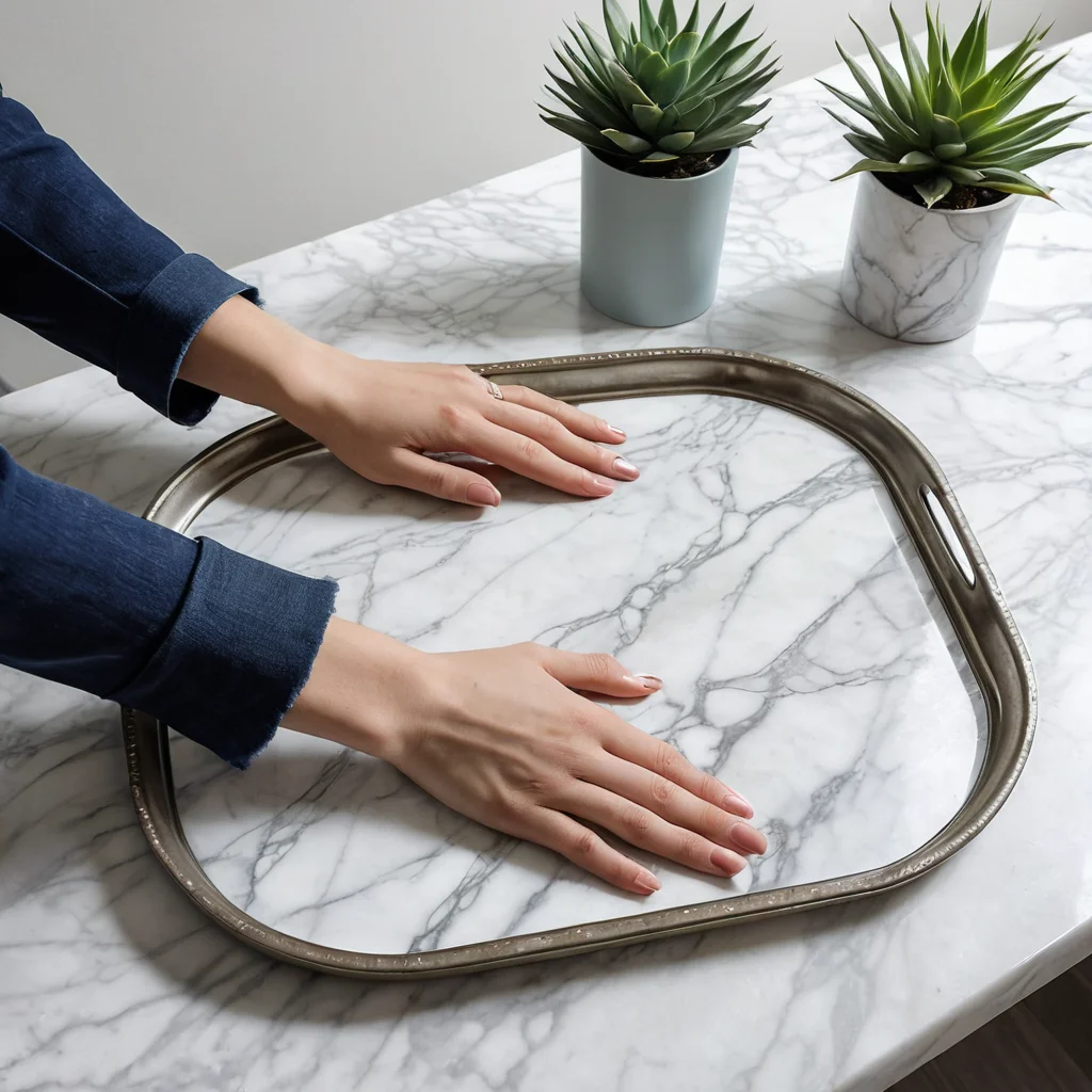 Процесс DIY-декорирования: руки преобразуют обычный металлический поднос из Fix Price, имитируя мраморную отделку, вокруг разложены материалы для творчества.