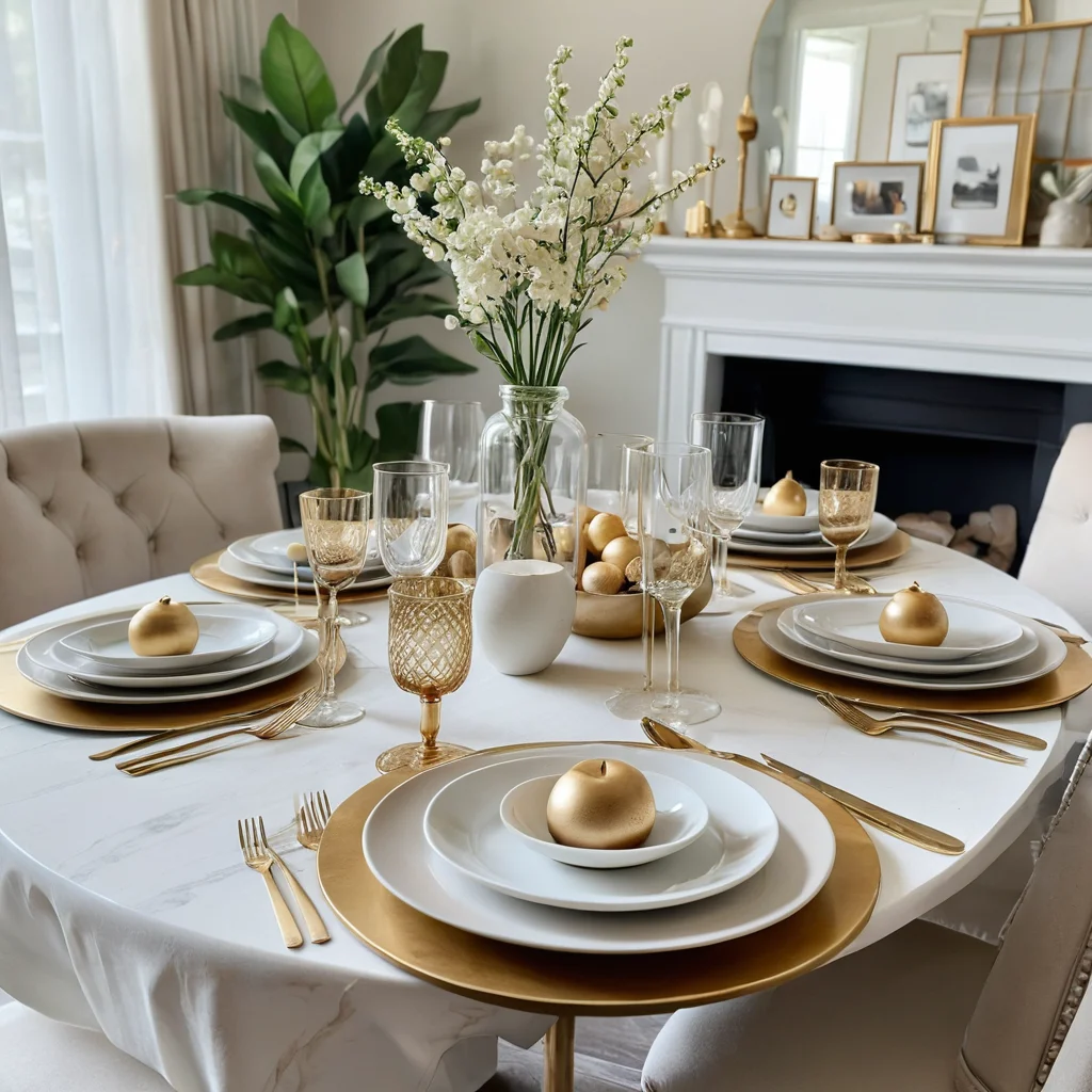 Элегантная сервировка стола с использованием бюджетного декора из Fix Price, стилизованного так, чтобы выглядеть дорого, с акцентом на металлические детали и минимализм.