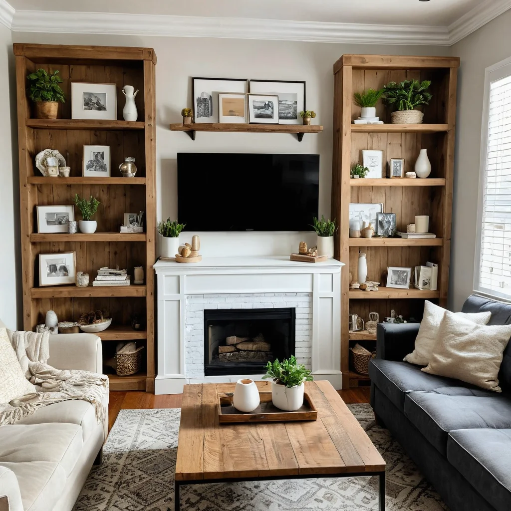 Уютная гостиная с полками, украшенными бюджетным декором из магазина Fix Price, демонстрирующая секреты доступного домашнего оформления.