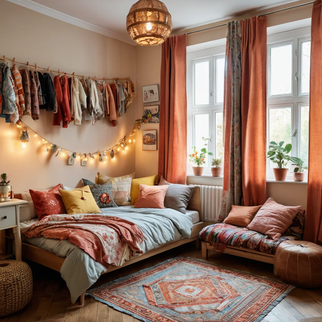 Уютная детская комната, декорированная вещами из старой одежды. Используются лоскутные элементы, подушки и гирлянды из переработанного текстиля, создающие атмосферу тепла и игры.