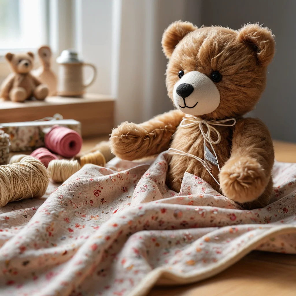 Крупный план рук, шьющих игрушечного медведя из кусочков старой ткани. Процесс создания игрушки своими руками на фоне детской комнаты.