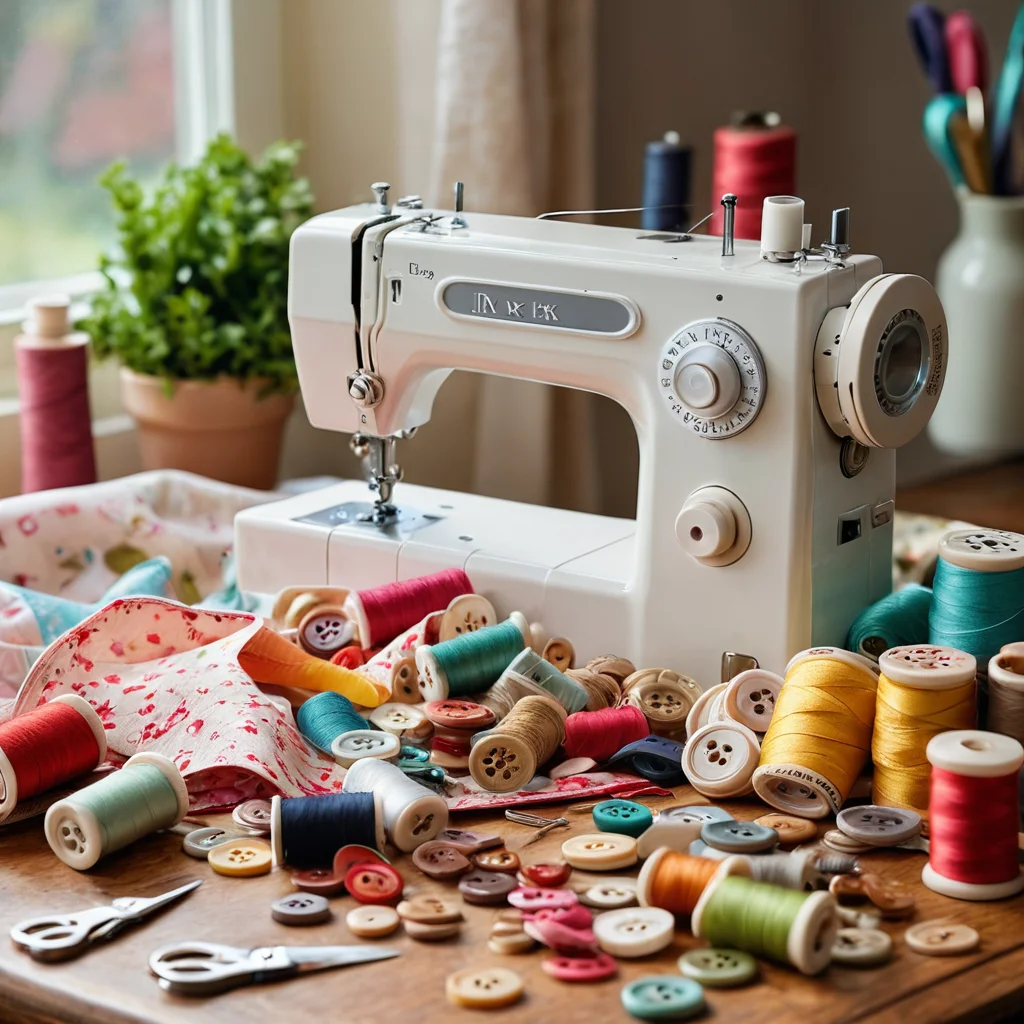 Набор материалов и инструментов для рукоделия: разноцветные лоскуты ткани, пуговицы, катушки ниток, ножницы, швейная машинка на столе.