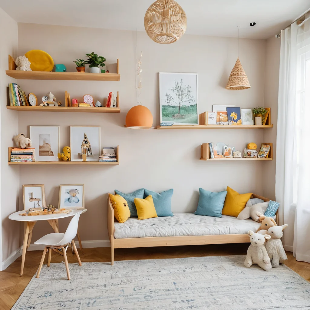 Оформление маленькой детской комнаты с использованием компактных решений: полки с текстильными поделками, подвесной мобиль, организованное игровое пространство.
