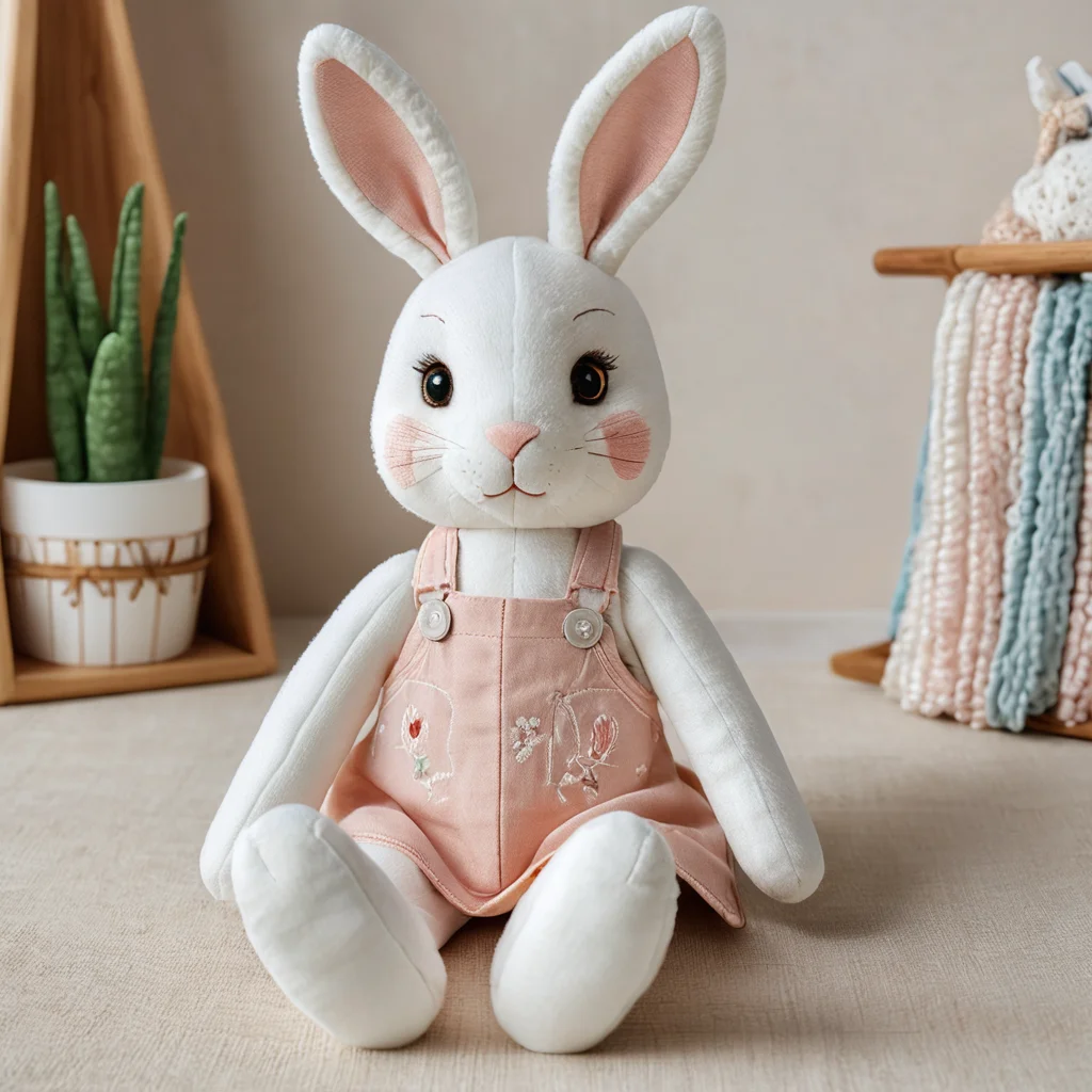 Безопасные игрушки для детей, сделанные из ткани: мягкий тканевый зайчик с вышитыми деталями, без мелких отрывающихся элементов, в нежных тонах.