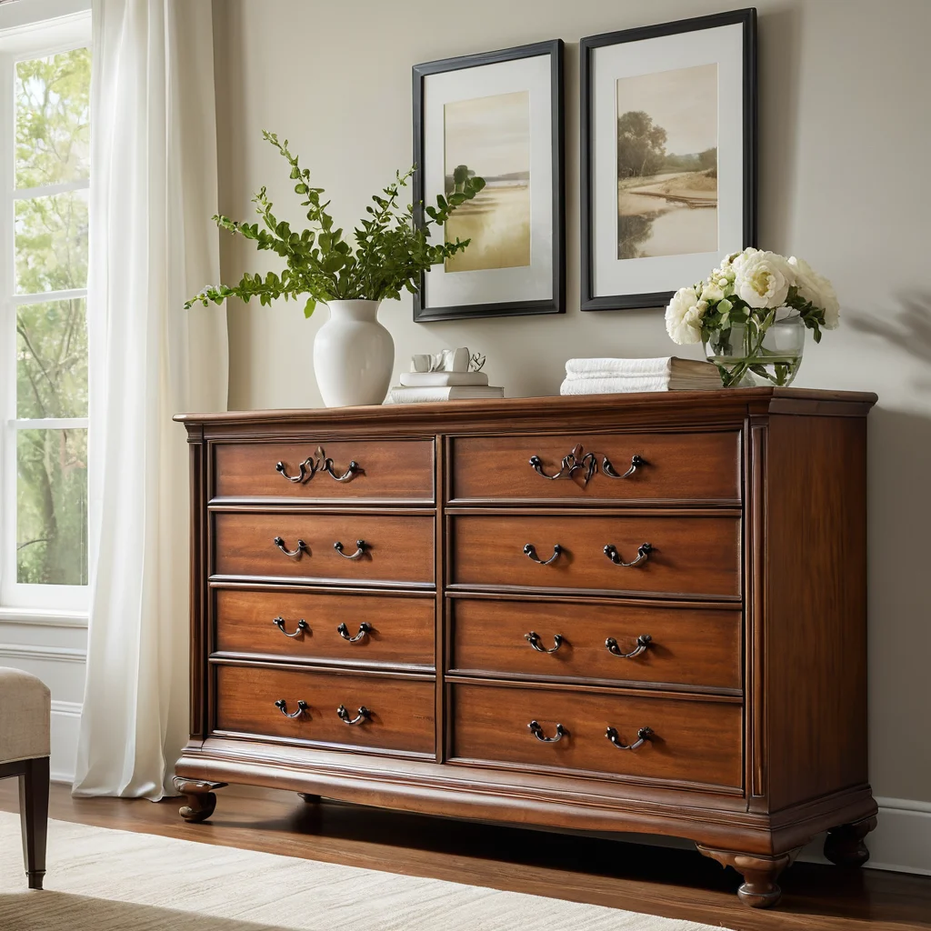 Уход за обновленным шедевром: изображение ухоженного, переделанного комода в светлой комнате, рука бережно протирает его поверхность мягкой тканью, символизируя правильный уход и сохранение долговечности мебели.