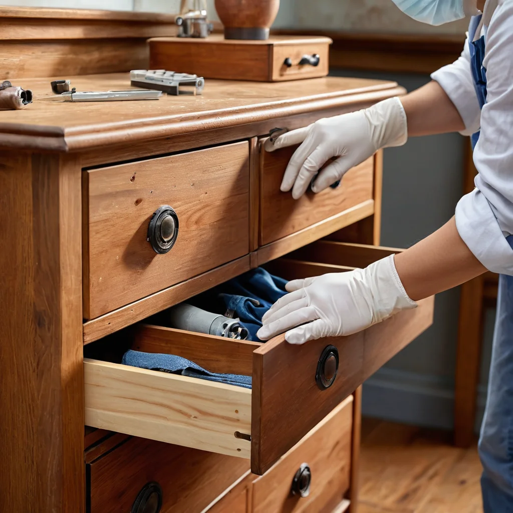 Этап 1: Демонтаж ящиков старого комода, тщательная очистка деревянных поверхностей от грязи и старой краски, а также мелкий ремонт сколов с использованием шпатлевки, создавая идеальную основу для дальнейшего преображения.