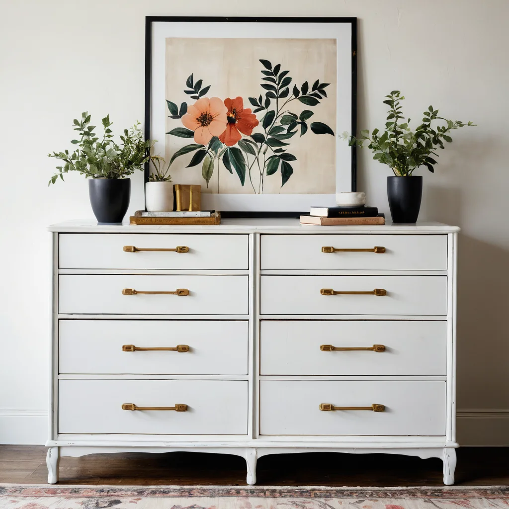 Идеи преображения старого комода: четыре примера обновленных комодов в разных стилях – винтажный с эффектом состаривания, современный минималистичный, бохо с ручной росписью и ретро в стиле mid-century, демонстрирующие разнообразие техник и дизайна.