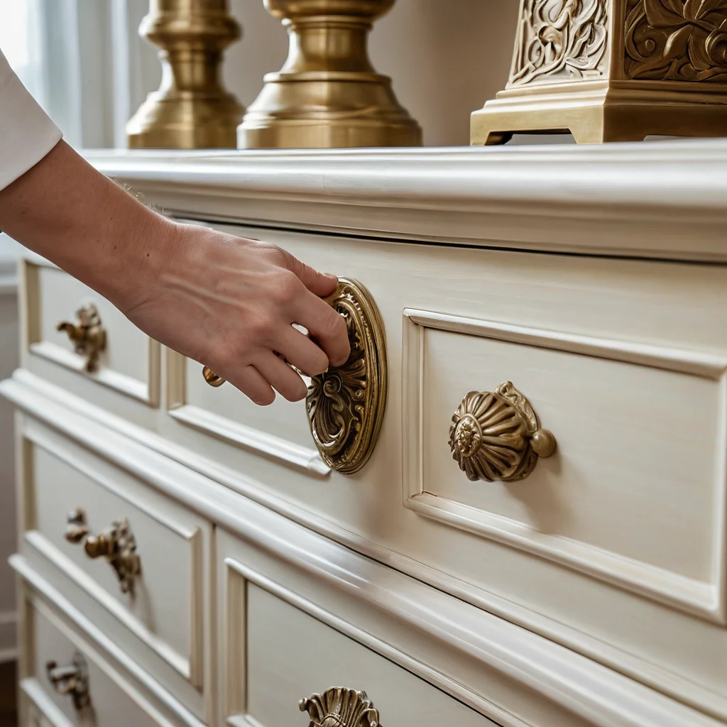 Секреты декора: крупный план рук, устанавливающих новую стильную латунную фурнитуру на обновленный комод, добавляя элегантные детали и акценты, которые полностью меняют внешний вид мебели.