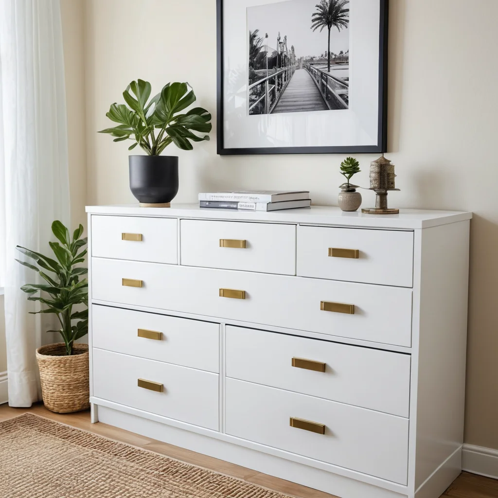 Преображенный комод ИКЕА с новыми декоративными ручками и стильными аксессуарами (ваза, книги) демонстрирует, как закрепить результат покраски и сохранить красоту мебели надолго с помощью ухода и декоративных элементов.