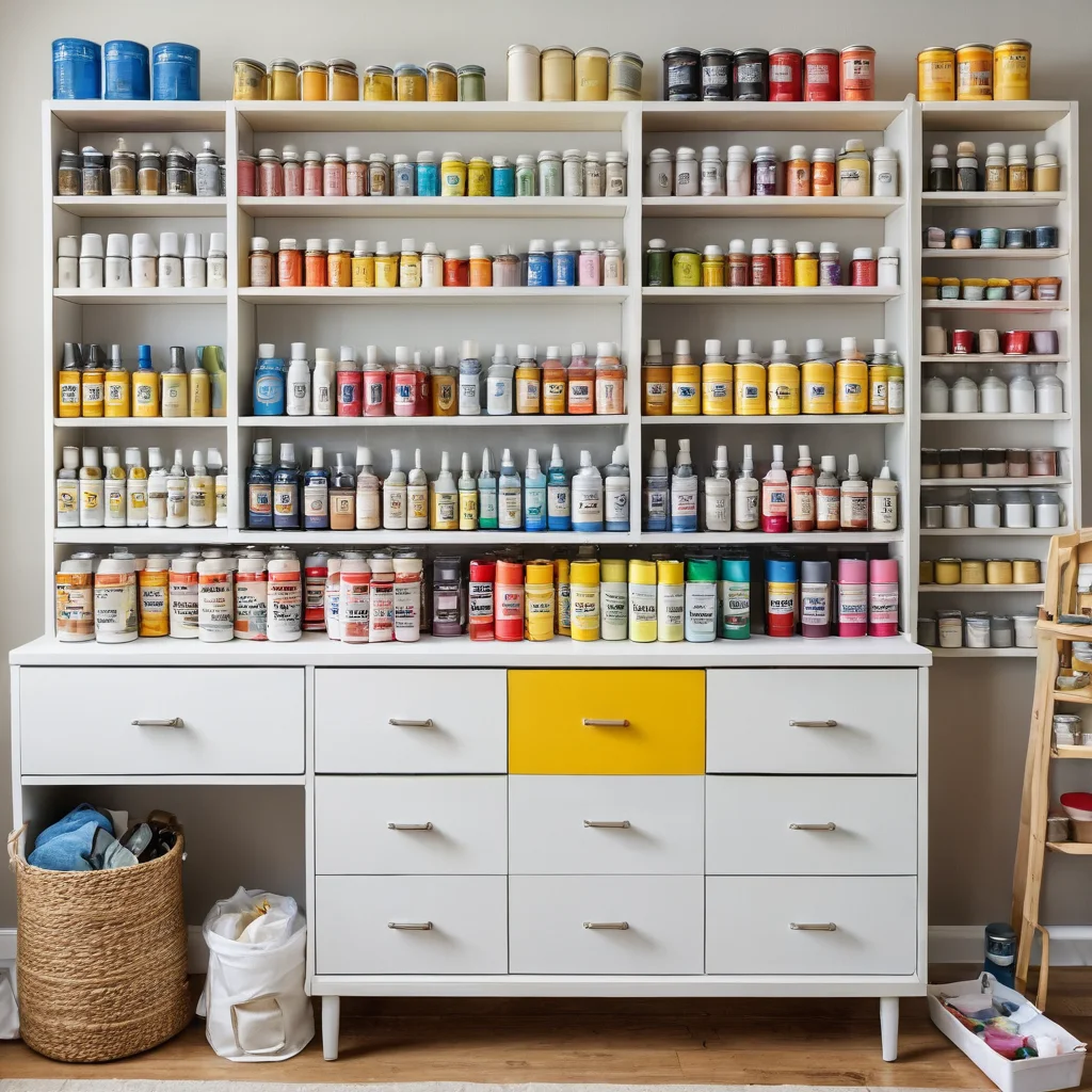 На столе аккуратно разложен полный список материалов для преображения комода ИКЕА: банки с краской различных оттенков, грунтовки, кисти разных размеров, валики и малярный скотч, готовые к началу работы.