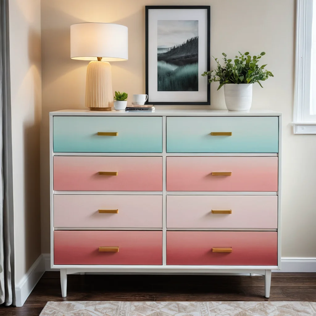 Комод ИКЕА, мастерски покрашенный в технике 'омбре' с плавным переходом от темно-синего к светло-голубому, демонстрирует одно из популярных стильных решений и техник покраски для придания уникальности мебели.