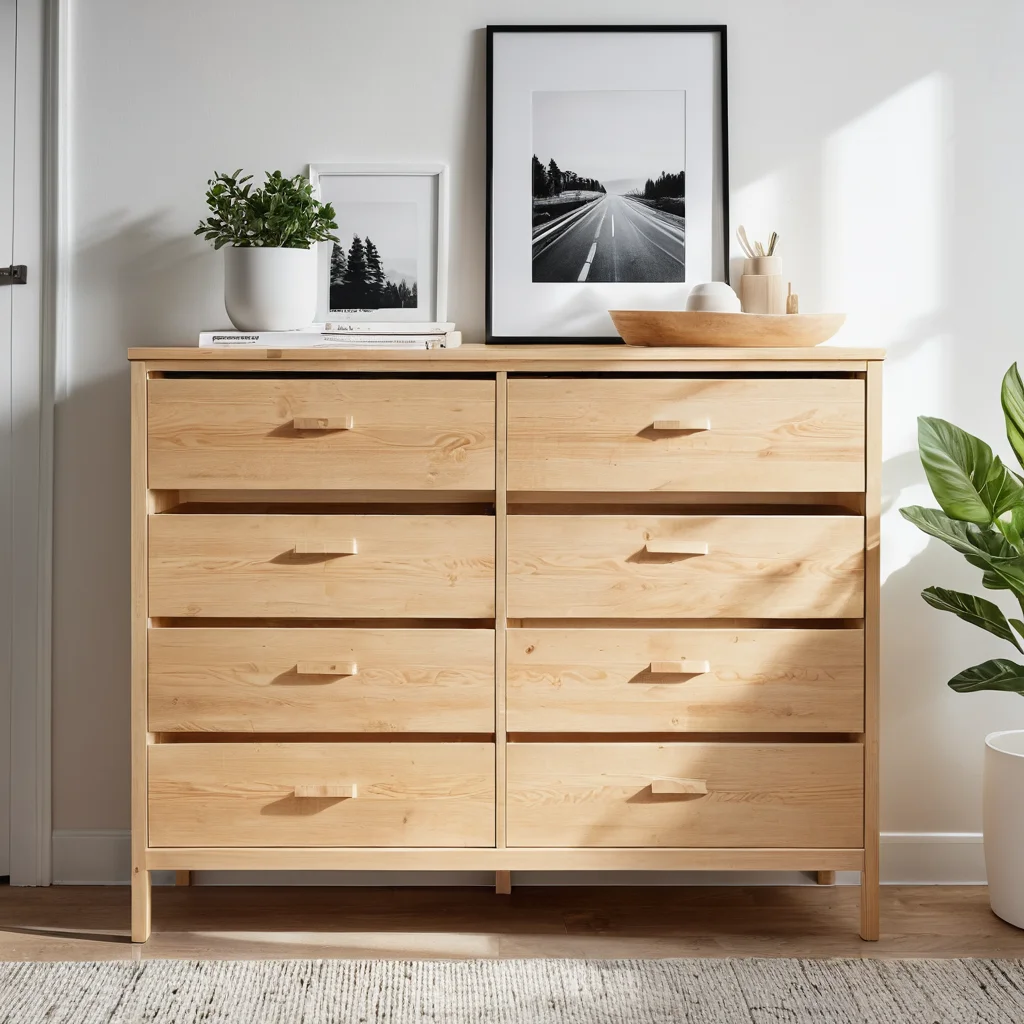 Новый, еще не покрашенный комод ИКЕА из светлого дерева, стоит в светлой мастерской, символизируя идеальную основу и безграничный потенциал для творческих экспериментов по индивидуализации стандартной мебели.