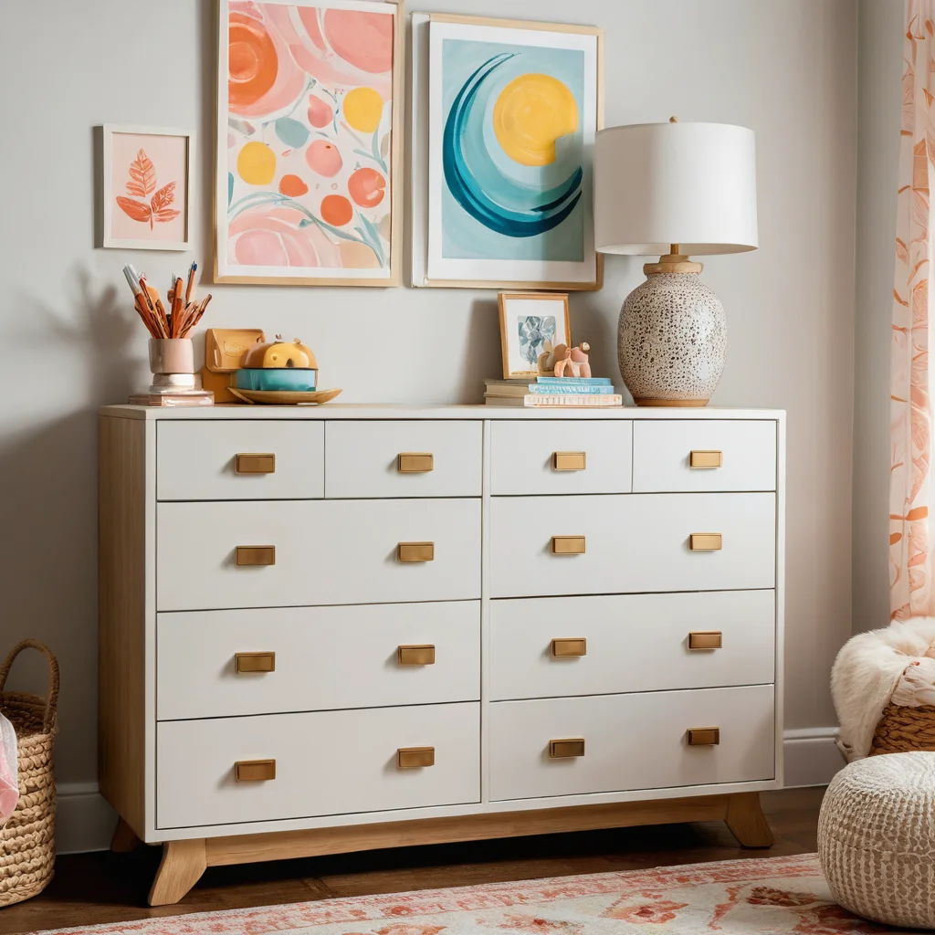 Счастливый ребенок безопасно играет рядом с декорированным детским комодом, подчеркивая важность преображения для развития и безопасности, с учетом округлых углов и удобных ручек.