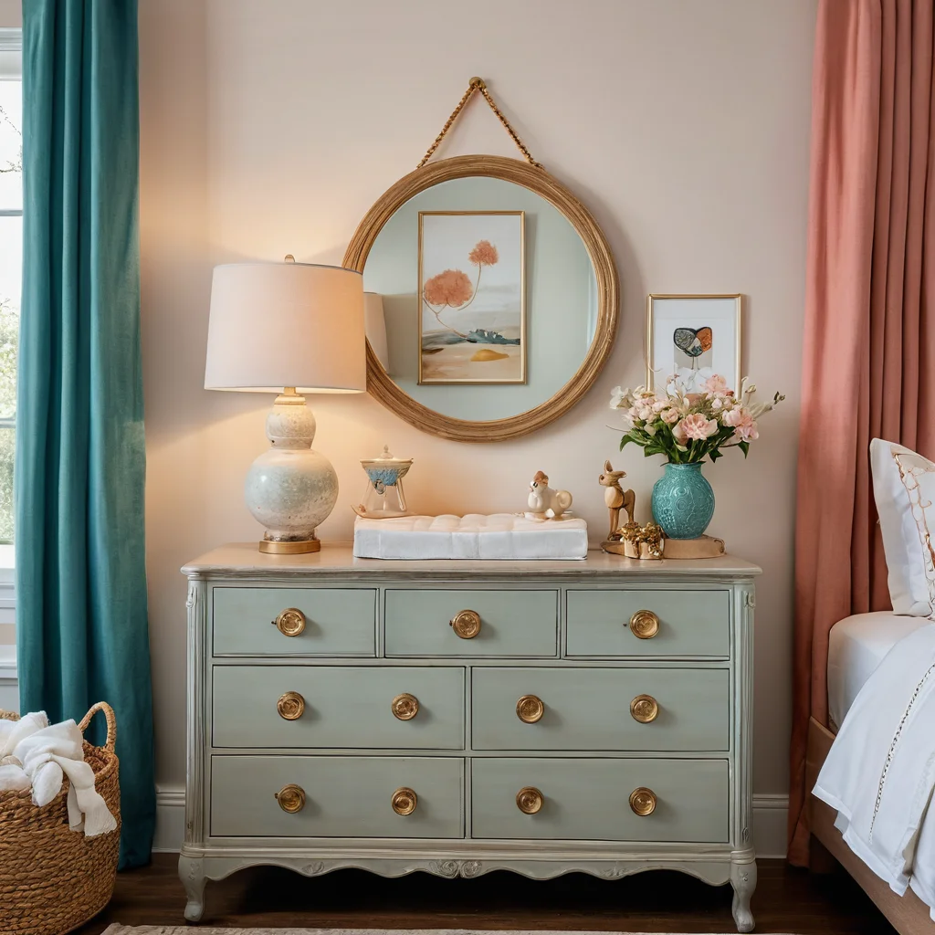 Изображение волшебного преображения обычного детского комода в уютный центр комнаты, с элементами декора, создающими атмосферу сказки и тепла.