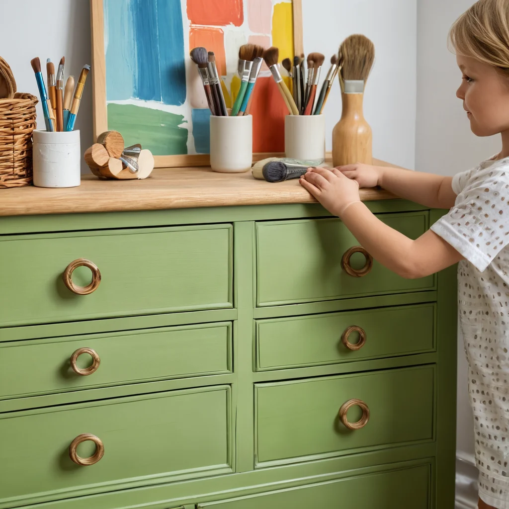Крупный план рук, наносящих безопасную, экологически чистую краску на деревянный детский комод, демонстрирующий выбор нетоксичных материалов для декора.