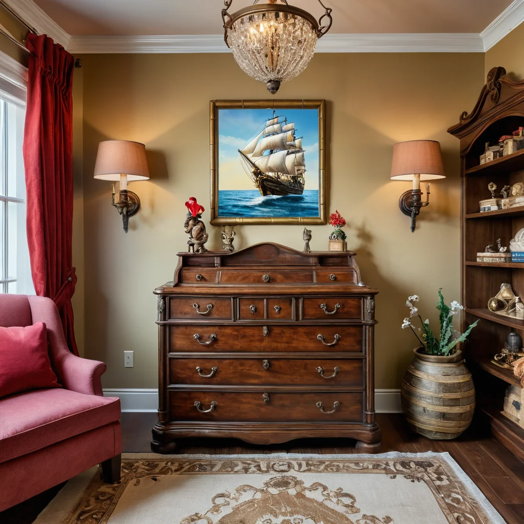 Детский комод, органично вписанный в тематический дизайн детской комнаты, например, как часть пиратского корабля или замка принцессы, демонстрирующий, как декор комода дополняет общую идею.