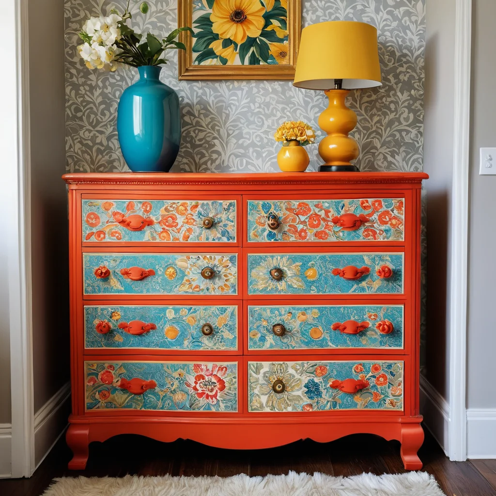 Коллаж или многогранное изображение, демонстрирующее различные яркие техники декора детского комода, такие как трафареты, декупаж или роспись, легко применимые каждым.