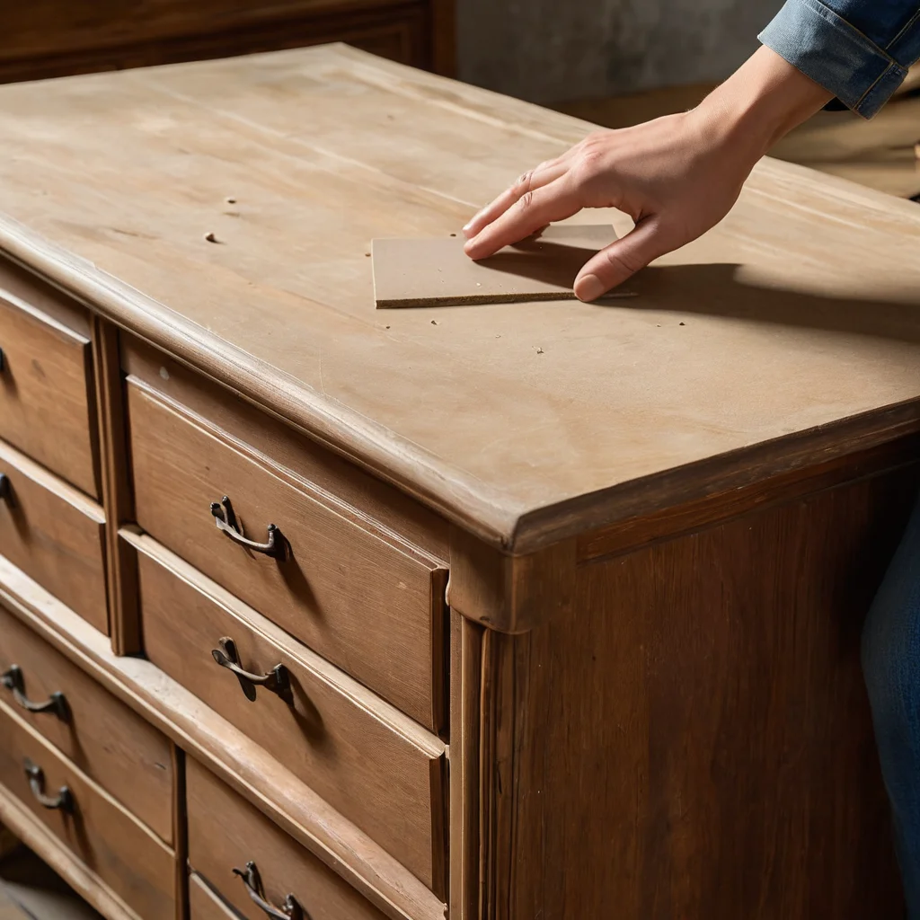 Изображение рук, тщательно шлифующих поверхность старого деревянного комода, показывающее процесс пошаговой подготовки мебели к преображению в технике омбре своими руками.