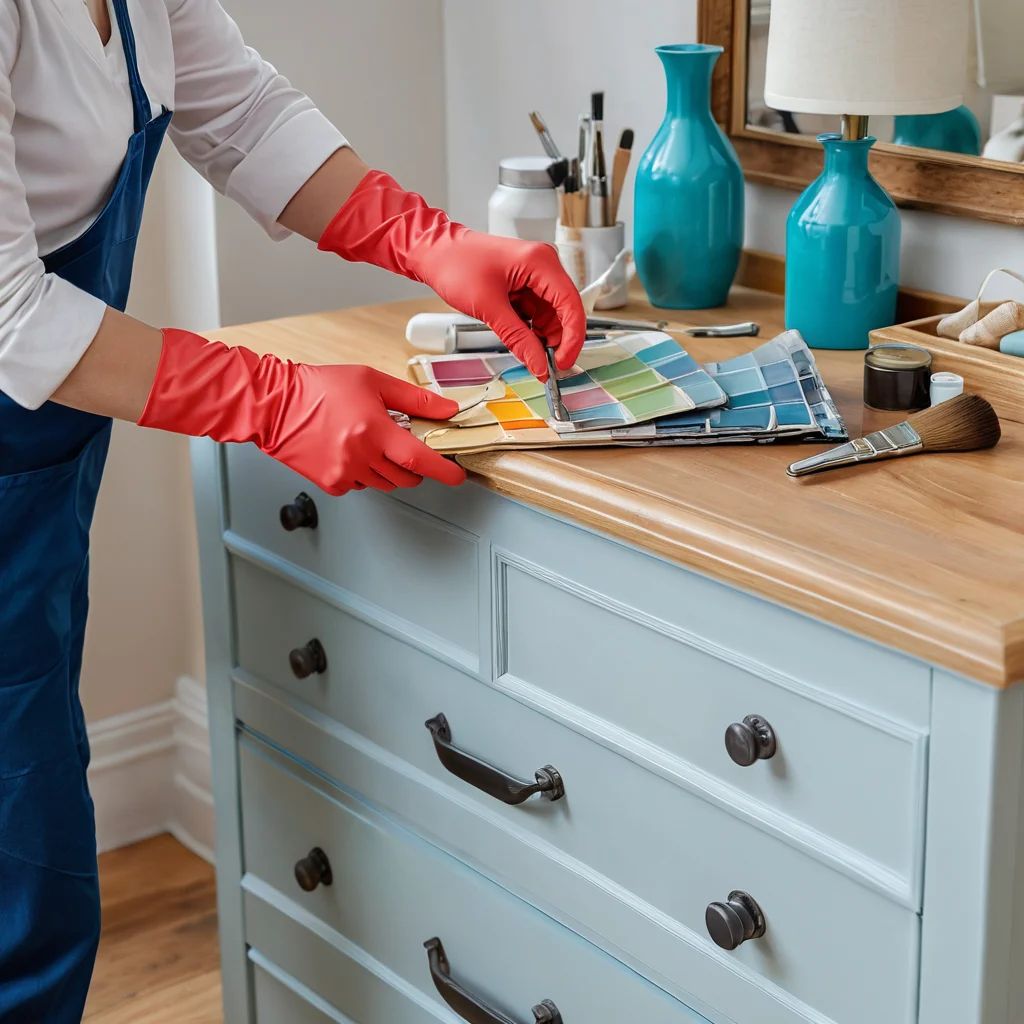 Руки мастера аккуратно наносят и смешивают краски на ящике комода, создавая волшебный градиент в технике омбре, демонстрируя пошаговую инструкцию по покраске своими руками.