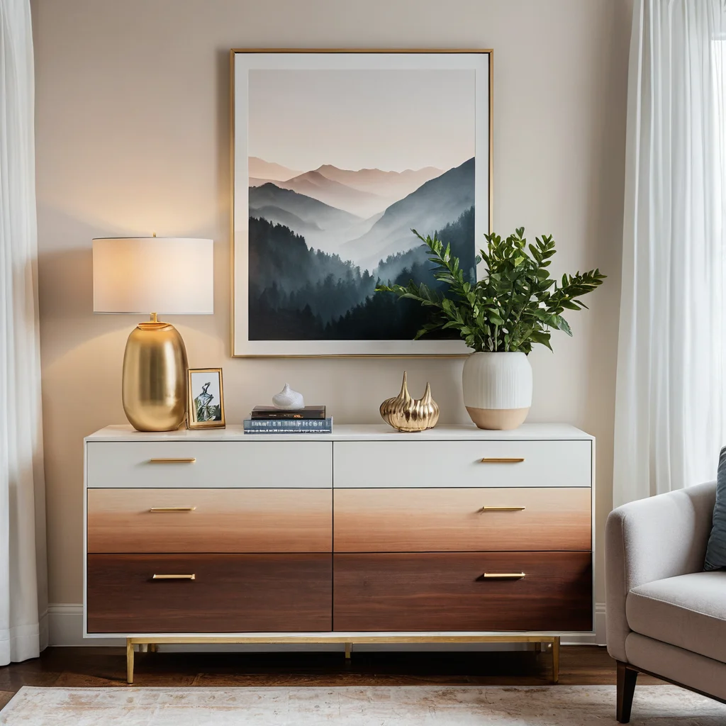 Изображение стильной и уютной гостиной, где центральное место занимает градиентный комод в технике омбре, подчеркивая его стильность, доступность и легкость создания своими руками для домашнего декора.
