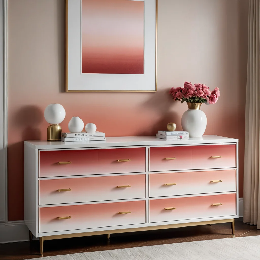 Детальный вид на фрагмент комода с идеально выполненным омбре, демонстрирующий безупречно плавные переходы цвета и глянцевое покрытие, что подчеркивает секреты достижения идеального результата.