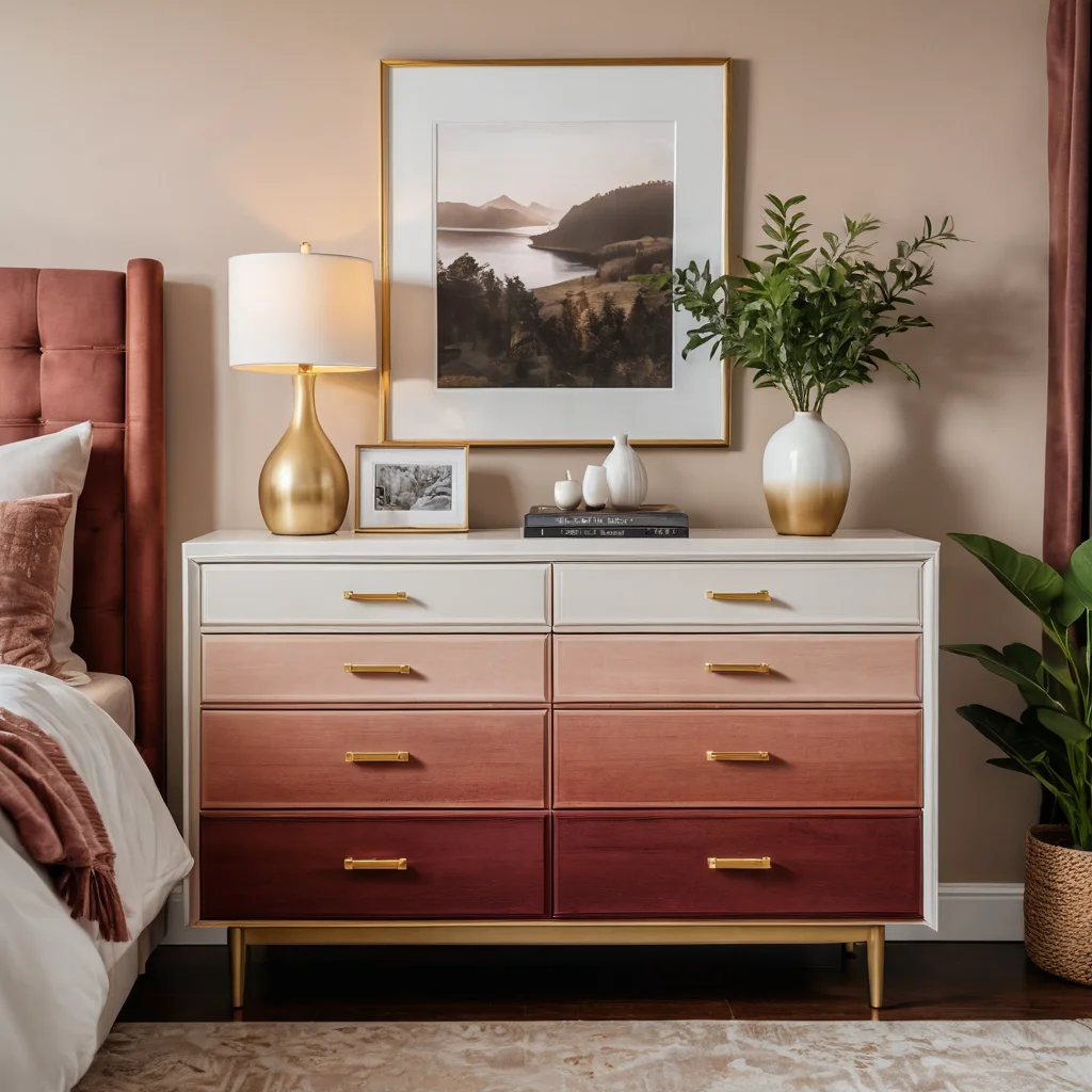 Прекрасный, уникальный градиентный комод в технике омбре, полностью готовый и гармонично вписанный в стильный интерьер спальни, вдохновляющий на новые творческие проекты по декору дома.