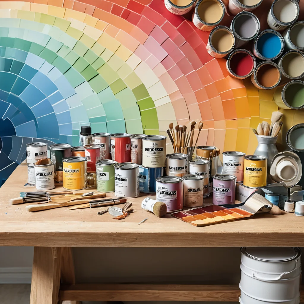 Рабочий стол с разложенными банками краски различных оттенков, цветовыми палитрами, кистями, валиками и малярным скотчем, символизирующий подбор идеального градиента и инструментов для комода в технике омбре.