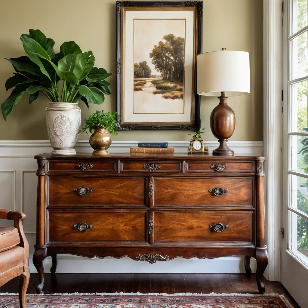 Обновленный старинный комод, стильно интегрированный в современный интерьер гостиной, служащий центральным элементом декора и функциональной мебелью.