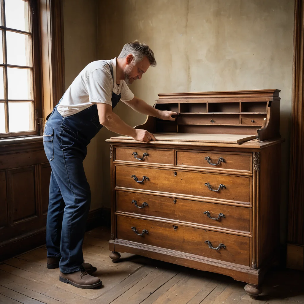 Мастер аккуратно разбирает старинный комод, удаляет старое покрытие и укрепляет каркас, подготавливая его к этапам очистки и реставрации.