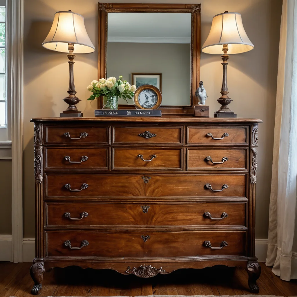 Элегантно отреставрированный старинный комод с восстановленными элементами, идеально вписанный в современный уютный интерьер, демонстрируя возрожденную историю и новую жизнь.