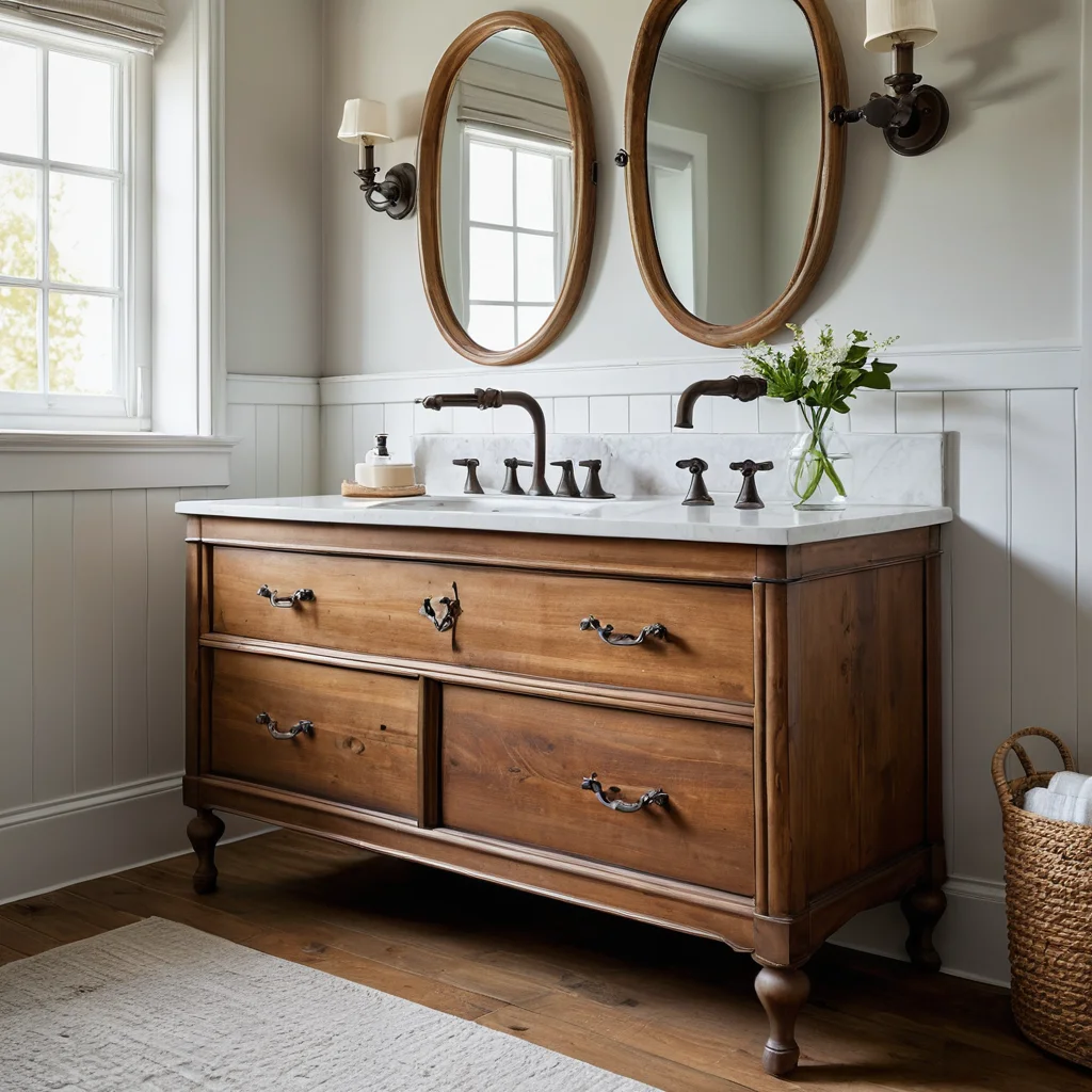 Изображение, демонстрирующее старый винтажный комод, преображенный в уникальную и стильную тумбу под раковину в ванной комнате, подчеркивающее концепцию 'второй жизни мебели' и переделку.