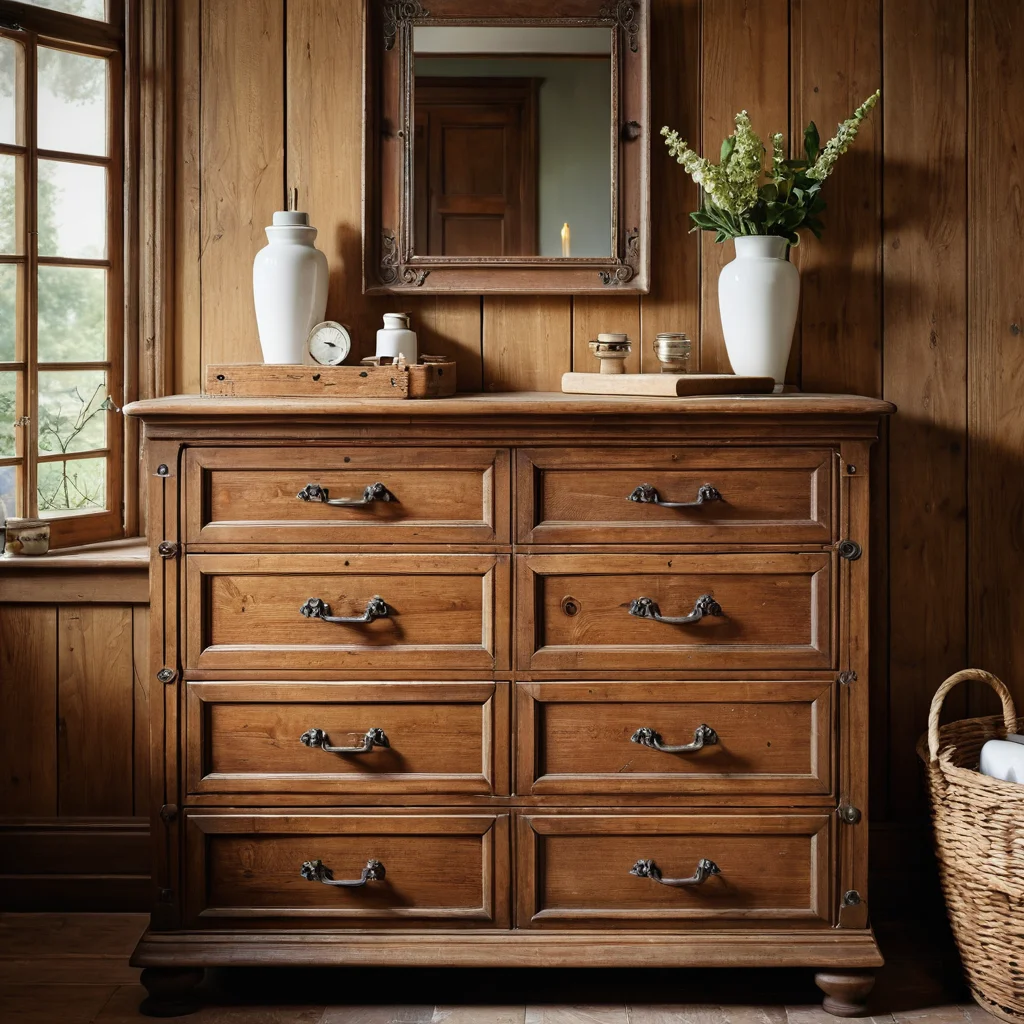 Изображение старого деревянного комода с выдвижными ящиками, рядом с которым лежат измерительная рулетка и карандаш, иллюстрирующее процесс выбора идеального 'донора' для переделки в тумбу под раковину.