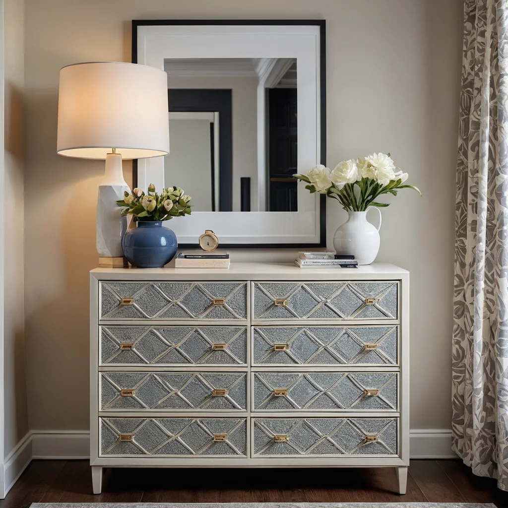 Открытый ящик комода с внутренним декором, выполненным в цвете и стиле, гармонирующем с общим дизайном и цветовой гаммой комнаты, демонстрируя единство внутреннего и внешнего декора.