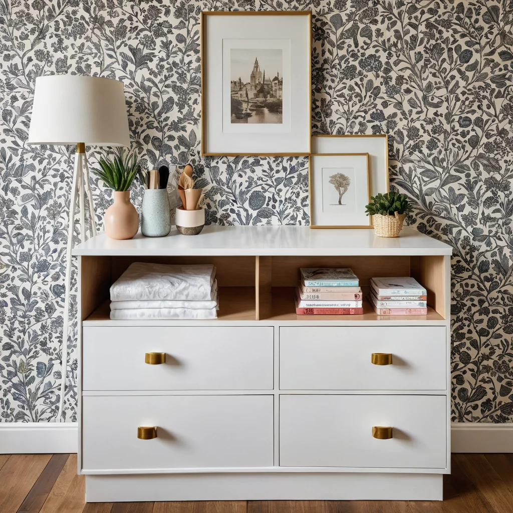 Открытый ящик комода, внутренне декорированный, демонстрирующий универсальность: одна часть с ярким рисунком для детской, другая с нежной тканью для спальни, вдохновляющие решения для любого интерьера.