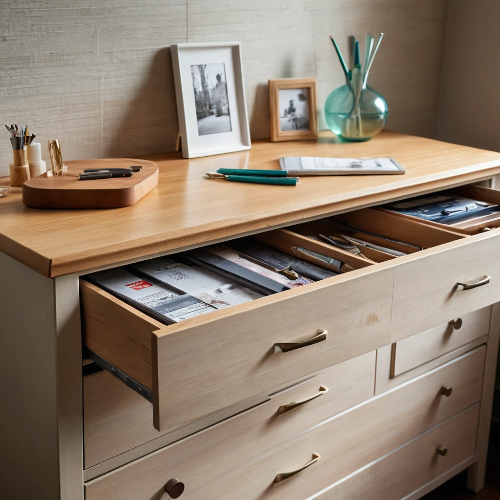 Внутренняя часть ящика комода, аккуратно оклеенная обоями без единого пузырька или складки, рядом лежат инструменты для точности, иллюстрируя секреты идеального результата при декоре ящиков.