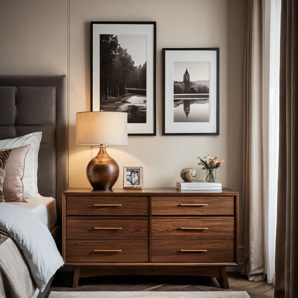 Уютная спальня с элегантным комодом, один ящик которого слегка приоткрыт, показывая его очаровательный внутренний декор, создавая ощущение завершенного волшебства и вдохновения для будущих преображений дома.