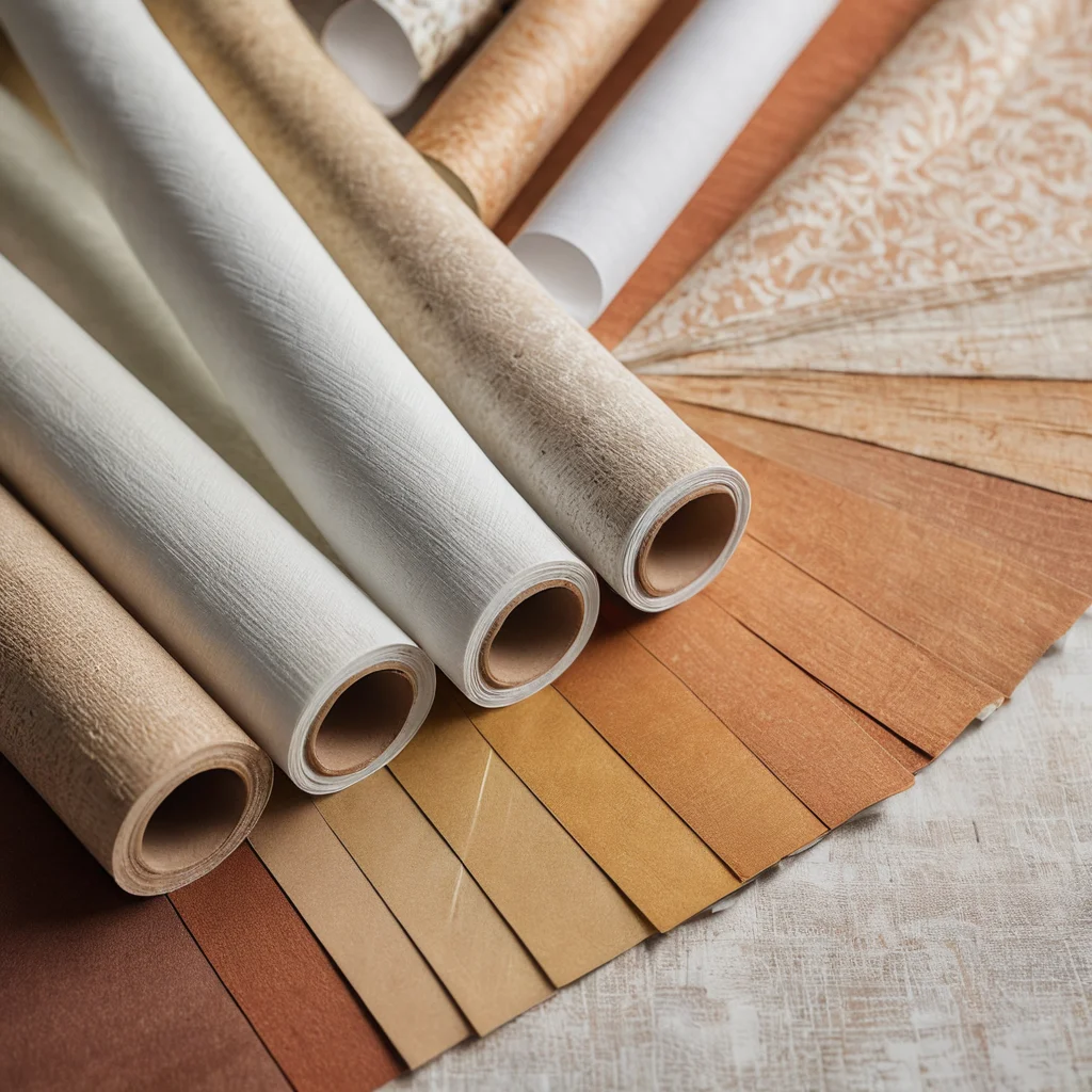 Крупный план разнообразных материалов для декора внутренних ящиков комода: рулоны обоев с узорами, образцы тканей различных фактур и цветов, выбор 'тайного' материала для преображения.