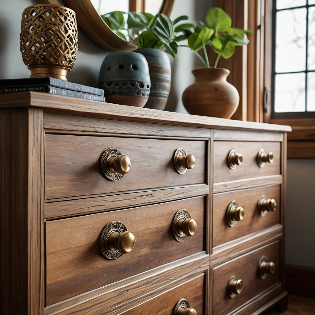 Комод с необычными, креативными ручками в форме веток или геометрических фигур, интегрированный в интерьер, демонстрирующий оригинальные идеи для персонализации мебели.