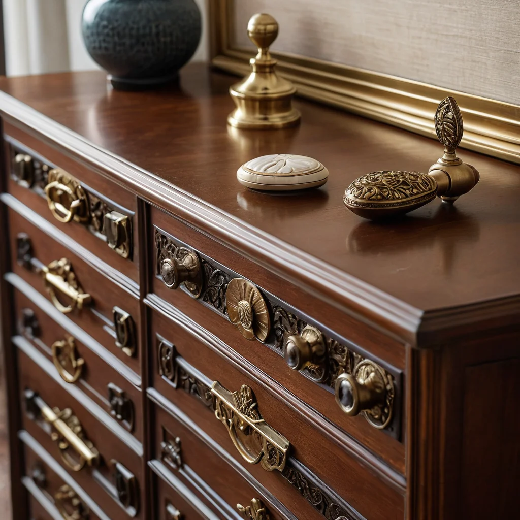 Разнообразие мебельной фурнитуры: коллекция ручек для комода в различных стилях (современные, винтажные), формах и материалах (латунь, керамика, кожа, дерево), представленная для выбора идеальной пары.