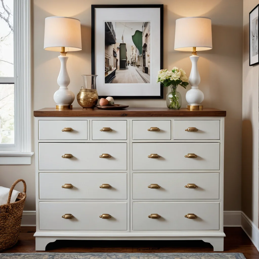 Комод с заметными ошибками при выборе и установке фурнитуры: ручки разного стиля или размера, криво закрепленные, демонстрирующие чего следует избегать новичкам при замене фурнитуры.