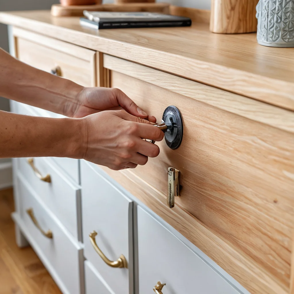 Крупный план рук, меняющих старые ручки на новые на деревянном комоде с помощью отвертки, иллюстрирующий пошаговую инструкцию по самостоятельной замене фурнитуры.