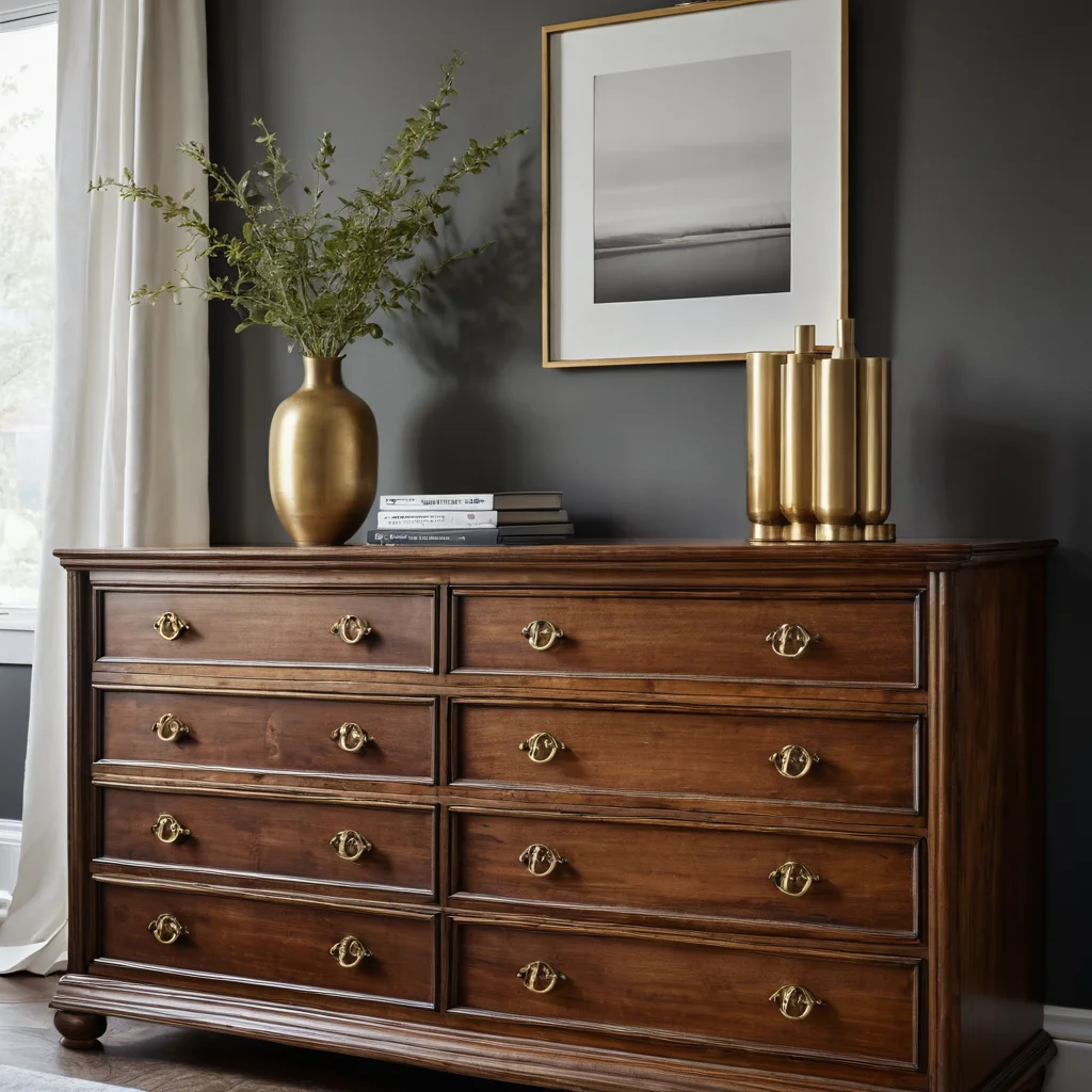 Старый деревянный комод с обшарпанными ручками до и после замены фурнитуры на новые латунные, полностью преобразившие его вид в современном интерьере.