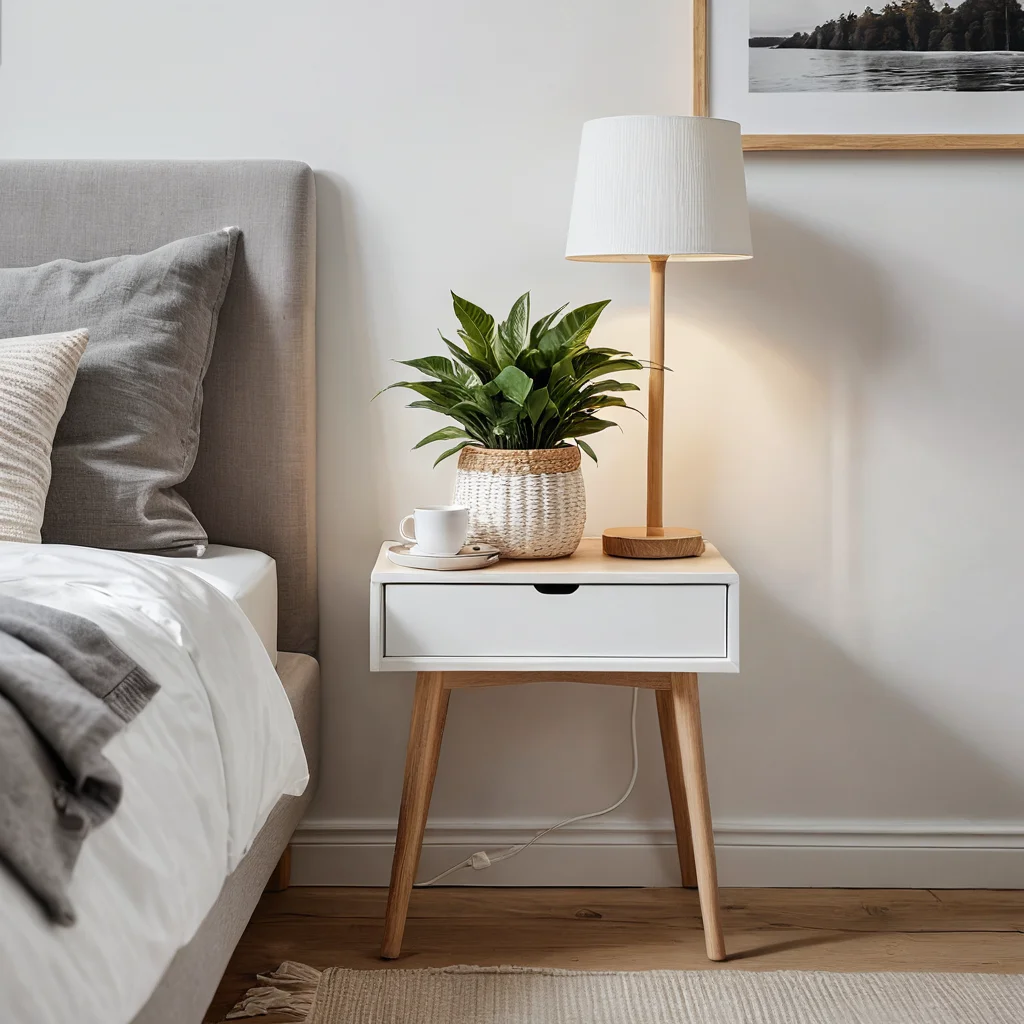 Готовый прикроватный столик в скандинавском стиле с белой столешницей и деревянными ножками, украшенный настольной лампой, небольшой вазой с суккулентом и книгой для создания уюта.