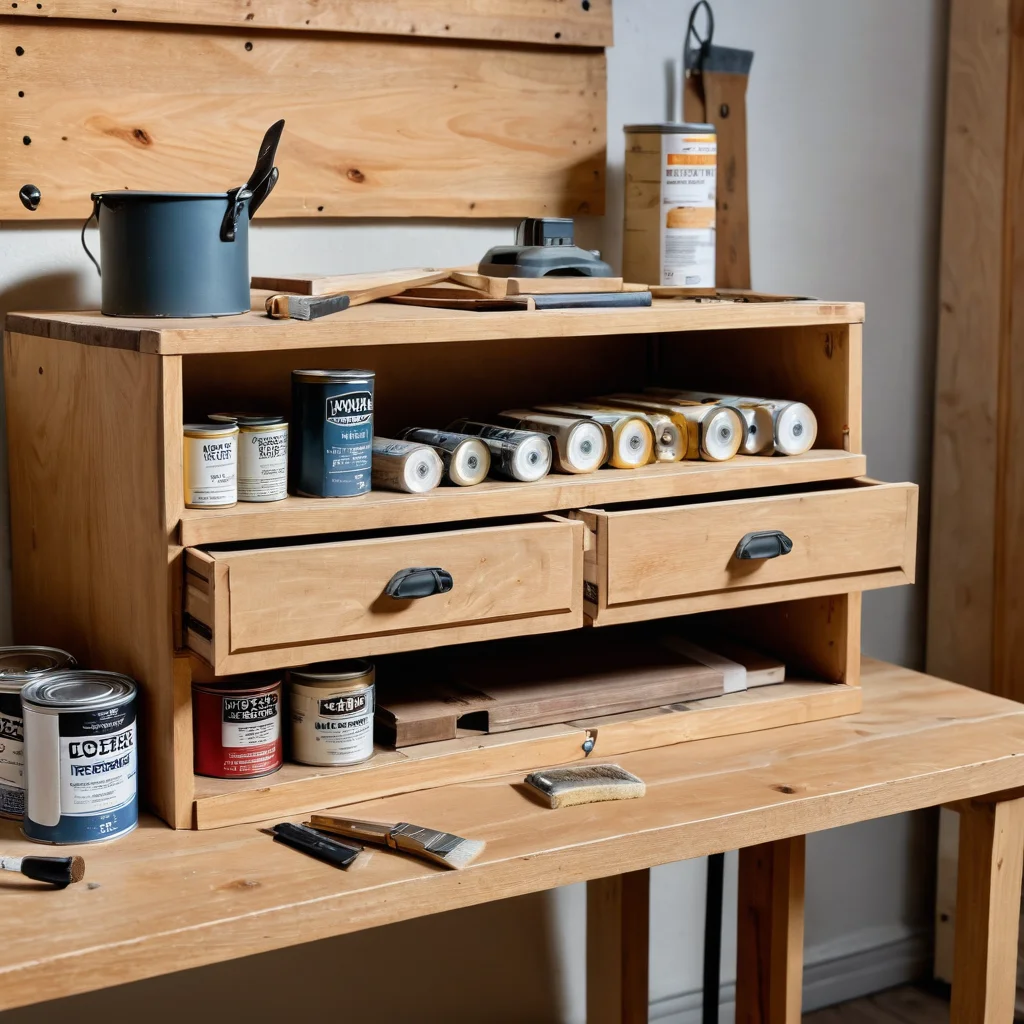 Набор необходимых инструментов и материалов для переделки старой тумбочки: кисти, краски, наждачная бумага, грунтовка, новые ножки для столика, аккуратно разложенные на рабочем столе.