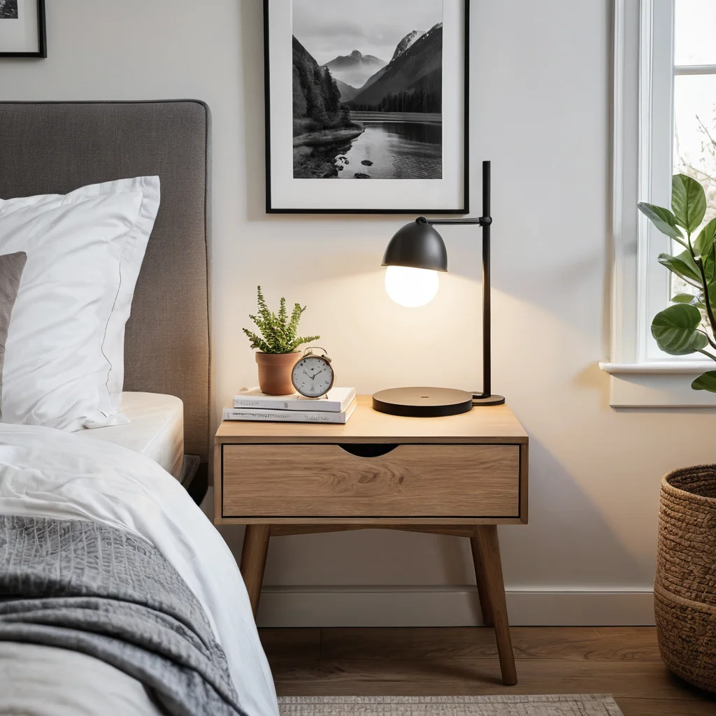 Скандинавский прикроватный столик, интегрированный в разные интерьеры: как элемент спальни с уютным пледом, и как функциональный столик в гостиной, демонстрирующий его универсальность.