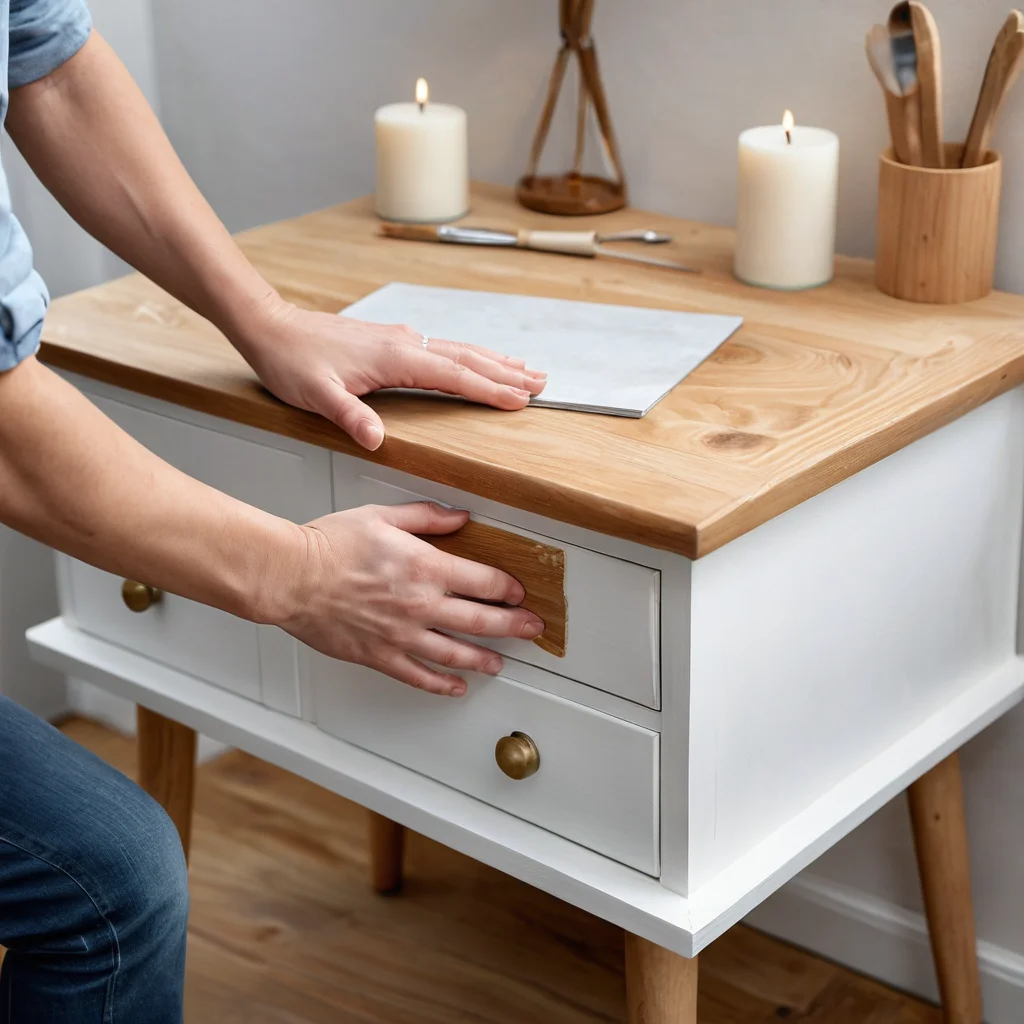 Крупный план процесса создания прикроватного столика: руки человека шлифуют поверхность старой тумбочки, готовя ее к покраске в белый цвет, как часть пошагового мастер-класса.