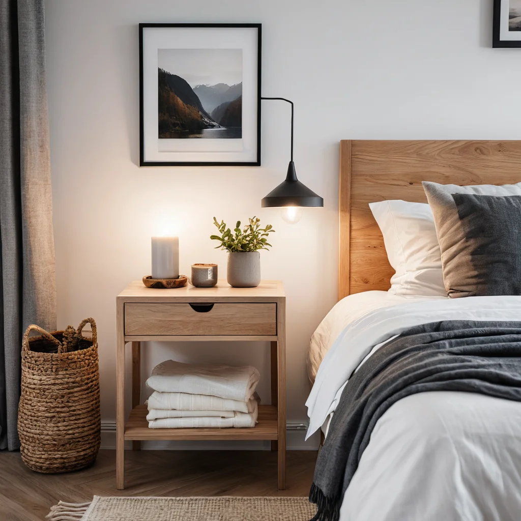 Уютная спальня со скандинавским интерьером, где главный акцент — самостоятельно сделанный прикроватный столик, окруженный мягким текстилем, книгами и теплыми элементами декора, создающими атмосферу покоя.