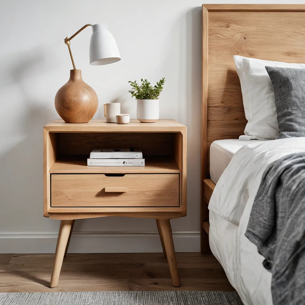 Изображение старой деревянной тумбочки до и после преображения в стильный прикроватный столик в скандинавском стиле, демонстрирующее магию DIY-переделки мебели.