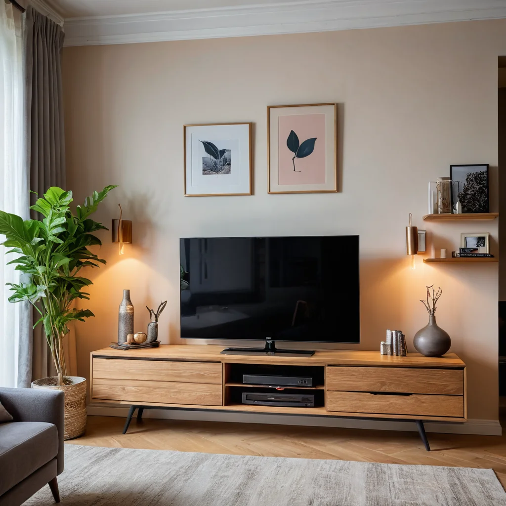 Обновленная старая тумба под телевизор в современном интерьере гостиной, демонстрирующая преимущества переделки мебели вместо покупки новой. Тумба выполнена в скандинавском стиле с элементами минимализма, подчеркивая экологичность и экономичность DIY-проектов.