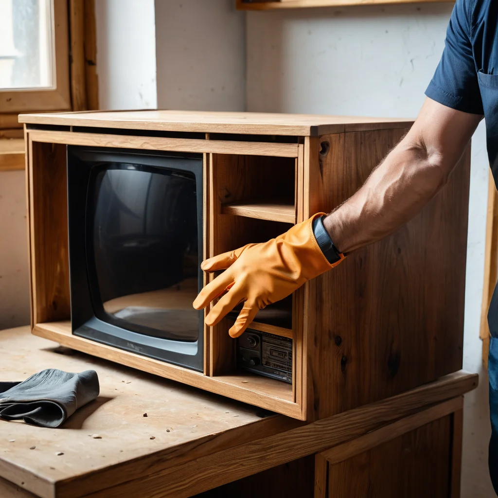 Руки мастера в процессе шлифовки старой тумбы под телевизор, подготовка поверхности к покраске. На столе лежат инструменты для DIY-проекта, создавая атмосферу творческой мастерской и демонстрируя важный этап преображения старой мебели.